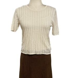 A.L.C. Cream Layered Knit Top Set Sheer Short Sleeve Sweater + Cami Size Medium